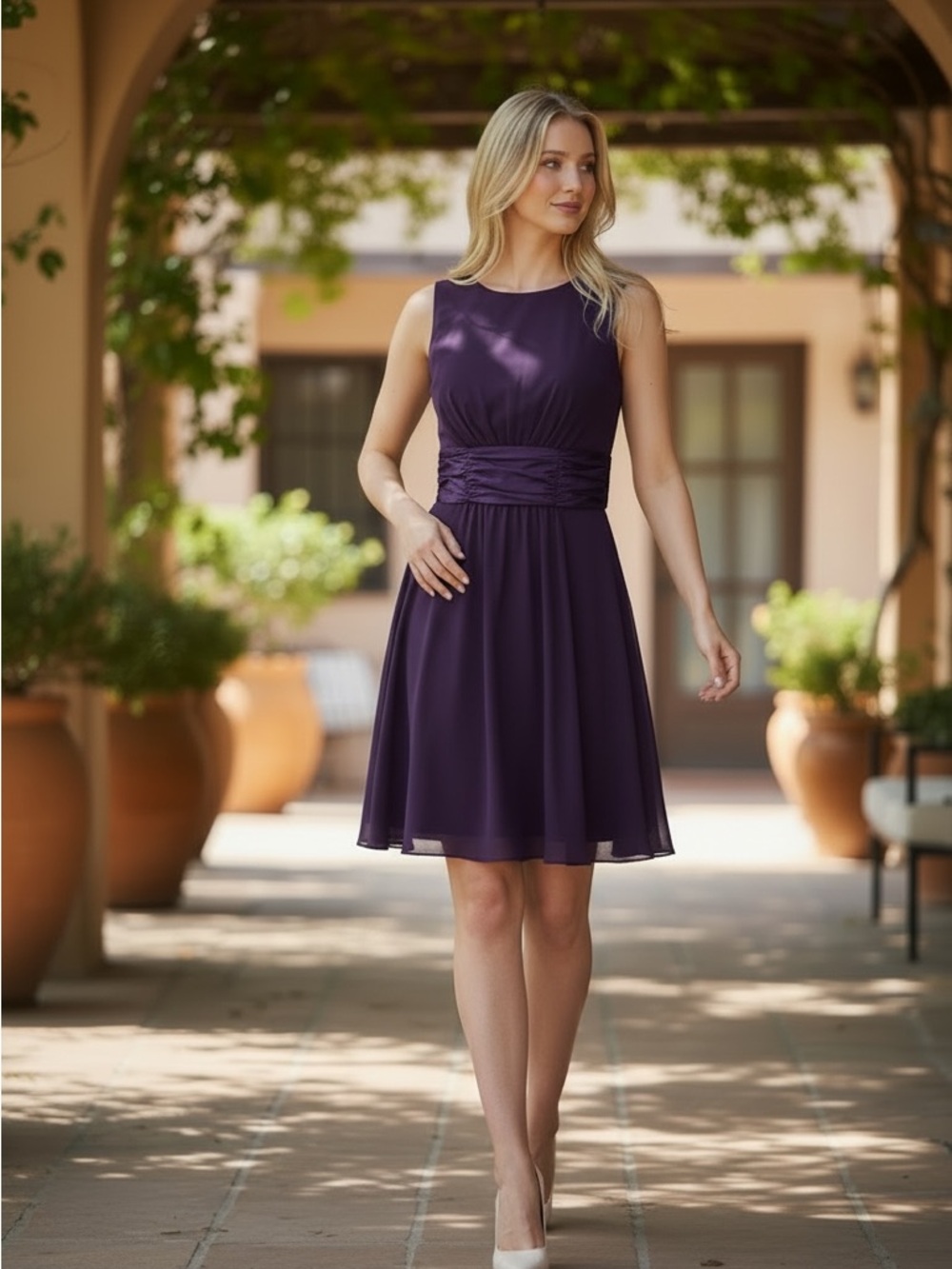 Sleeveless Purple A-Line Dress with Ruched Waist